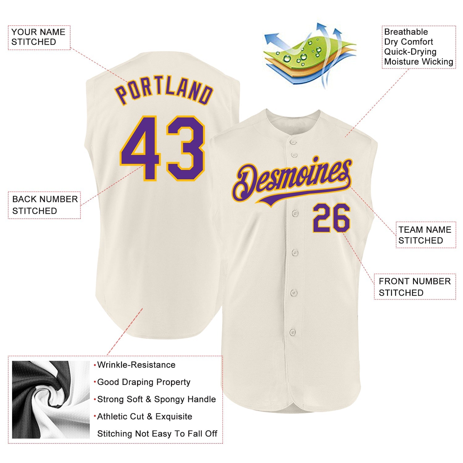 Custom Cream Purple-Gold Authentic Sleeveless Baseball Jersey view 2