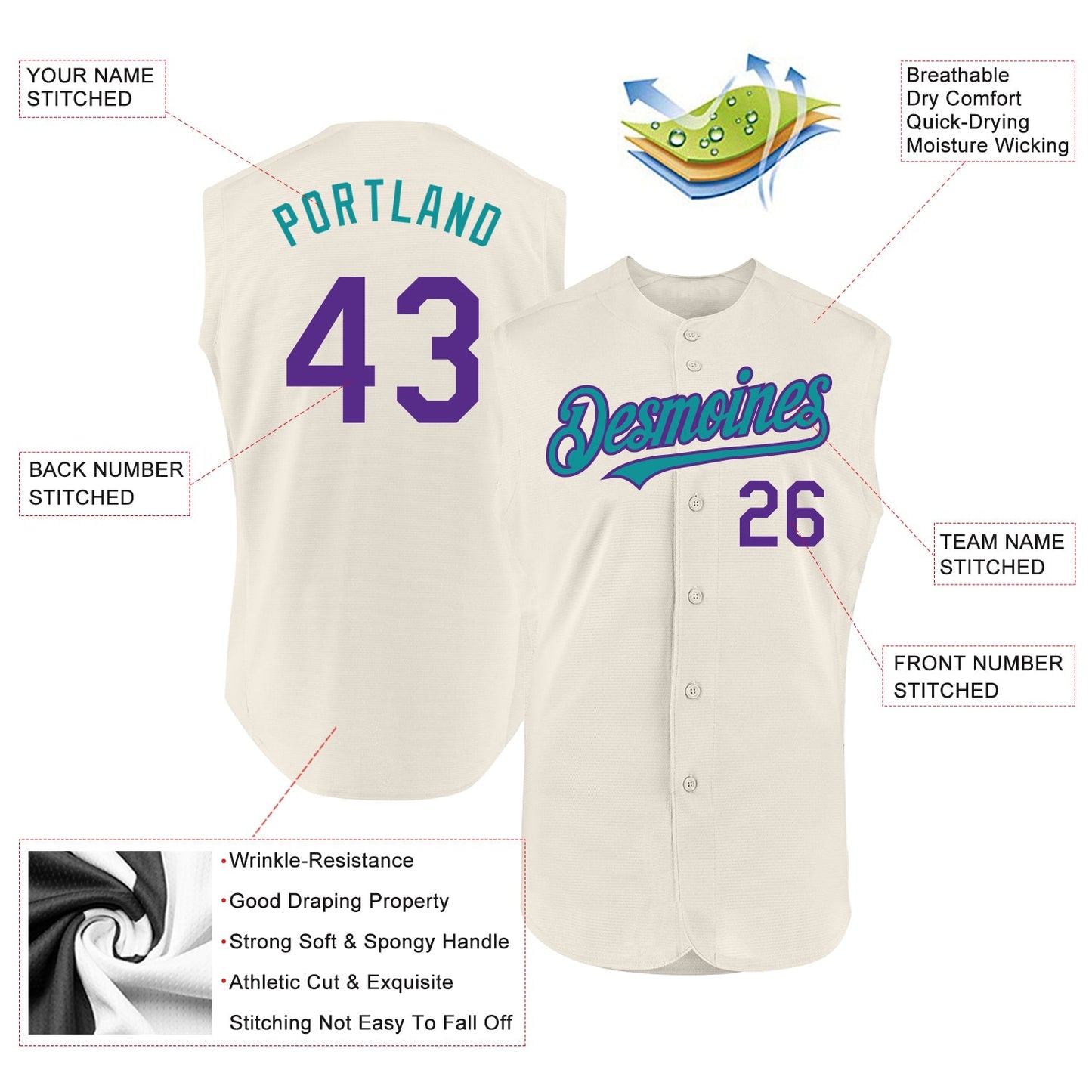 Custom Cream Purple-Teal Authentic Sleeveless Baseball Jersey view 2