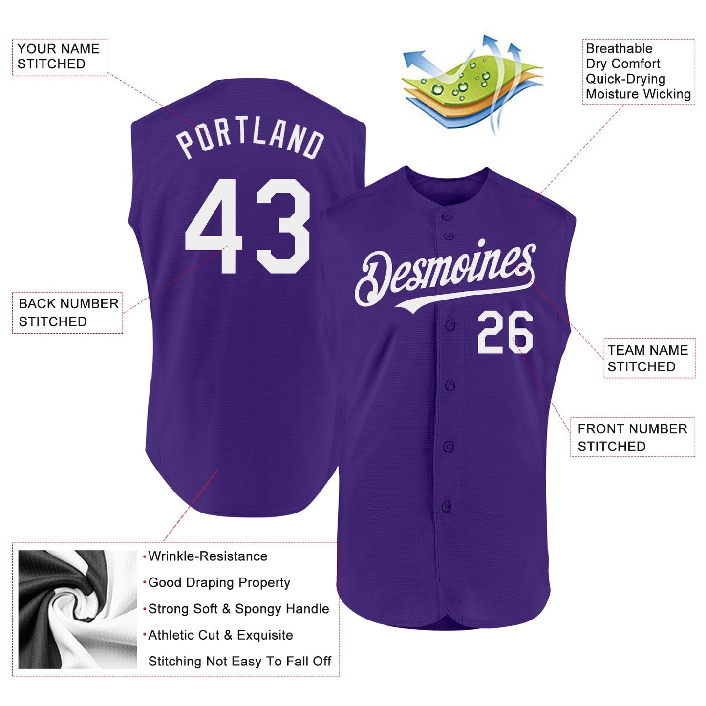 Custom Purple White Authentic Sleeveless Baseball Jersey view 2