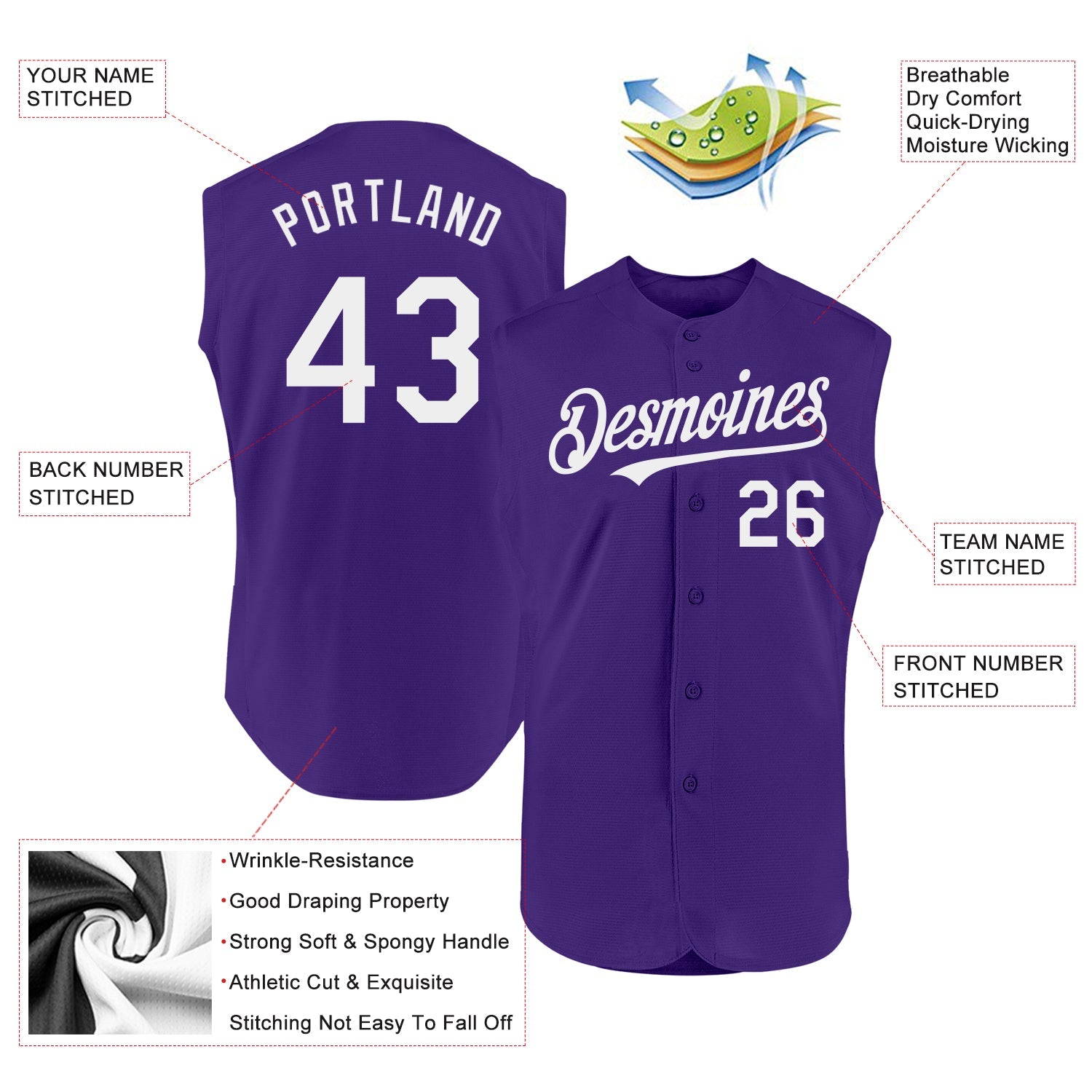 Custom Purple White Authentic Sleeveless Baseball Jersey view 2