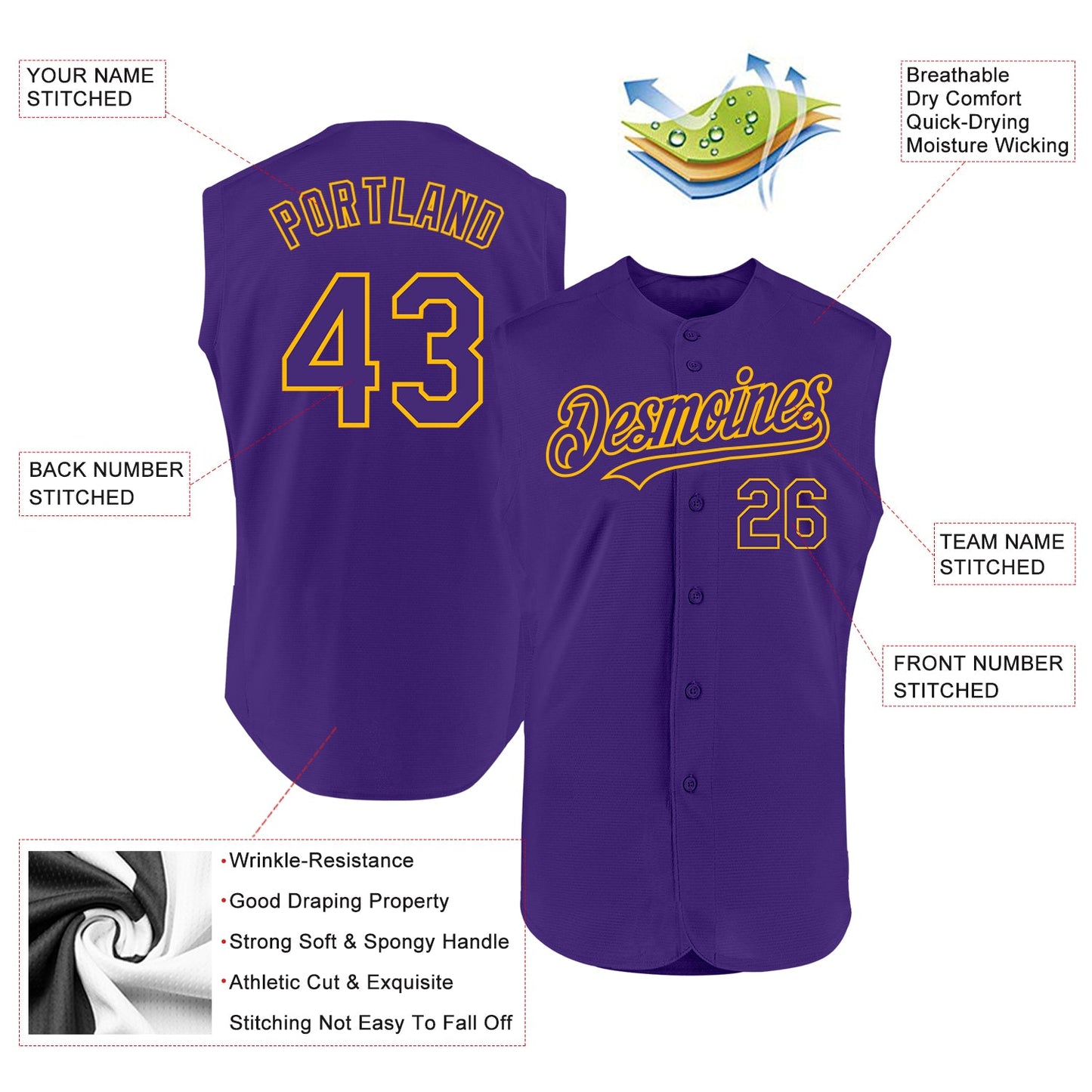 Custom Purple Gold Authentic Sleeveless Baseball Jersey view 2