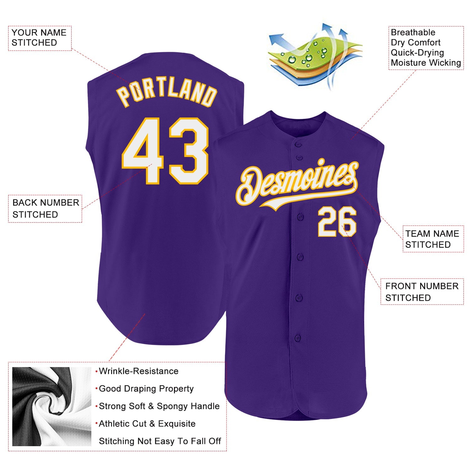 Custom Purple White-Gold Authentic Sleeveless Baseball Jersey view 2