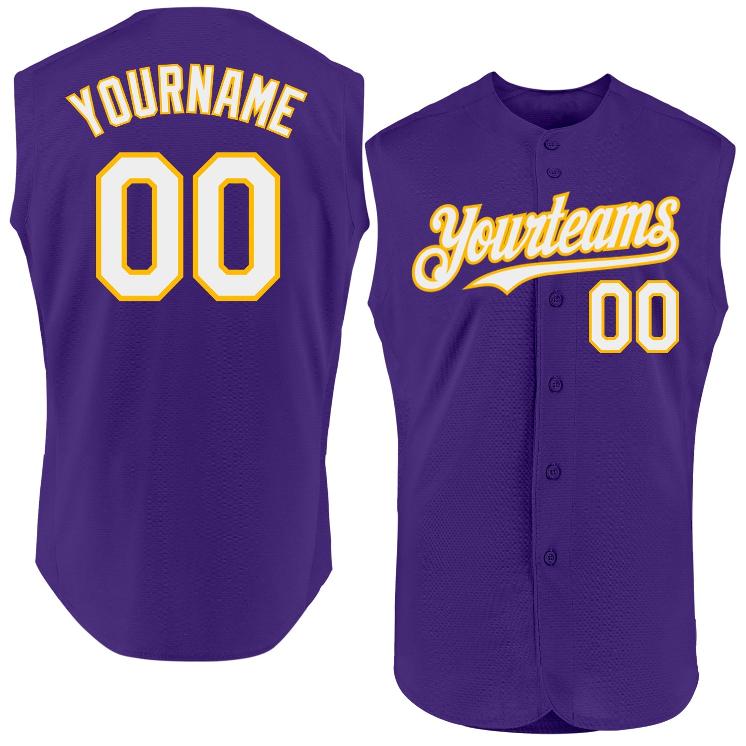 Custom Purple White-Gold Authentic Sleeveless Baseball Jersey - Main View