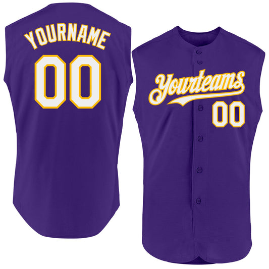 Custom Purple White-Gold Authentic Sleeveless Baseball Jersey - Main View