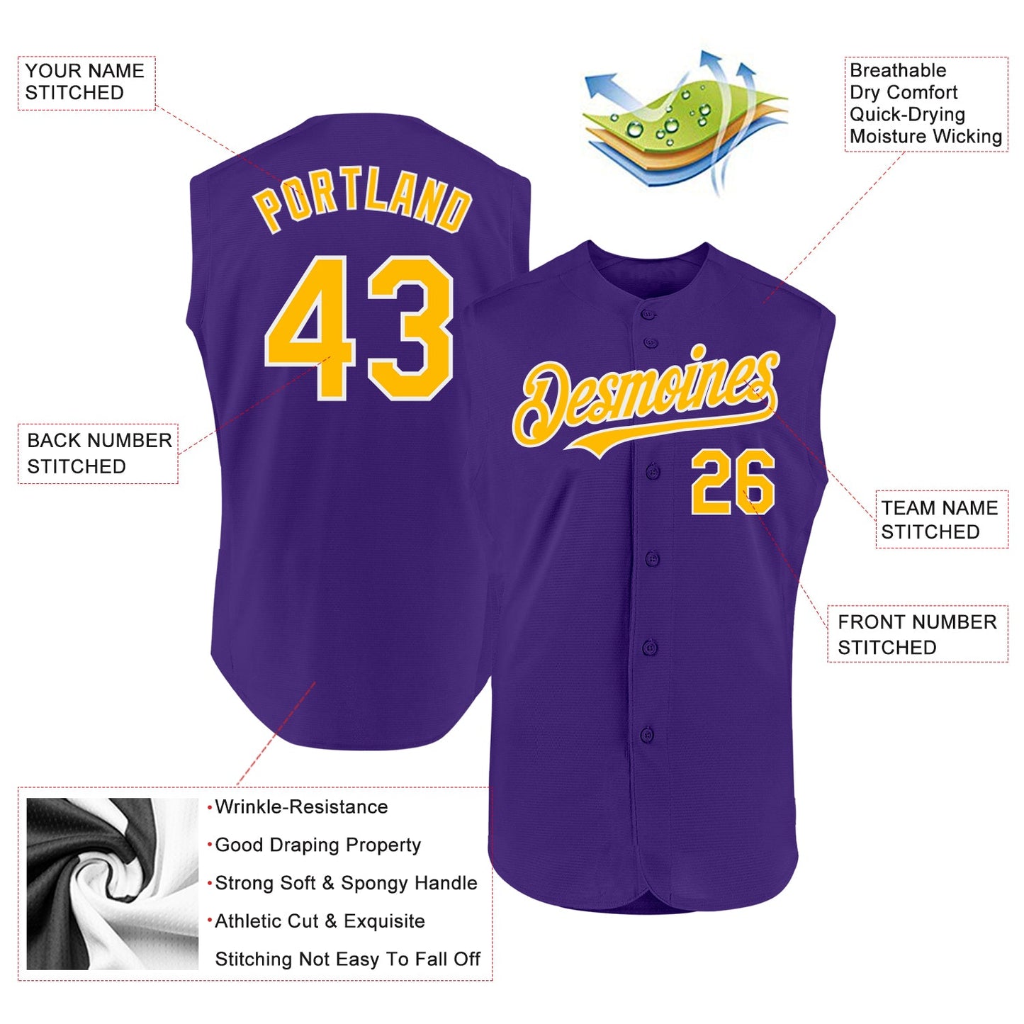 Custom Purple Gold-White Authentic Sleeveless Baseball Jersey view 2