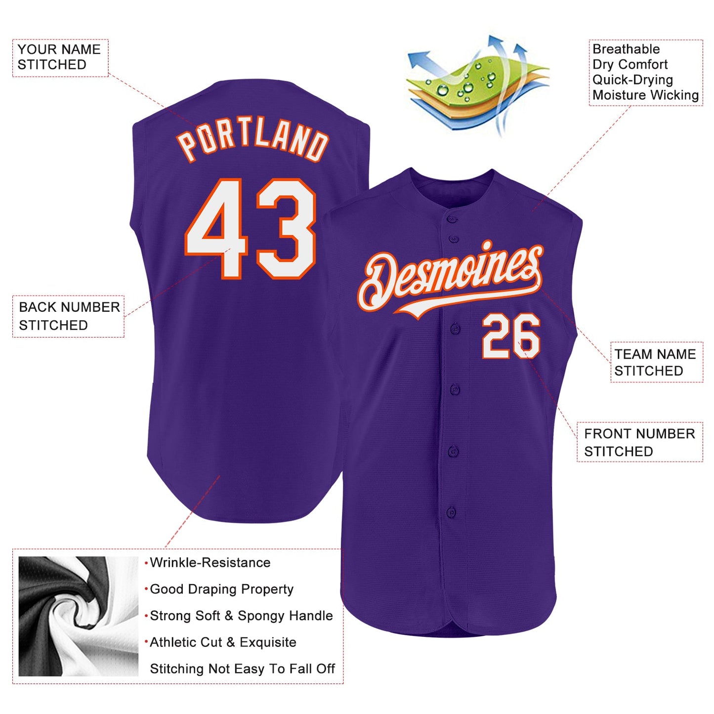 Custom Purple White-Orange Authentic Sleeveless Baseball Jersey view 2