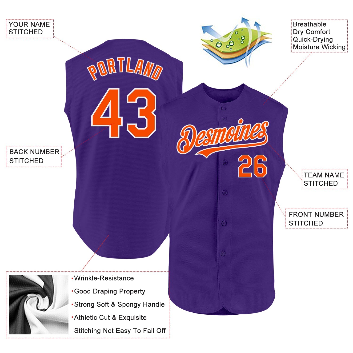 Custom Purple Orange-White Authentic Sleeveless Baseball Jersey view 2