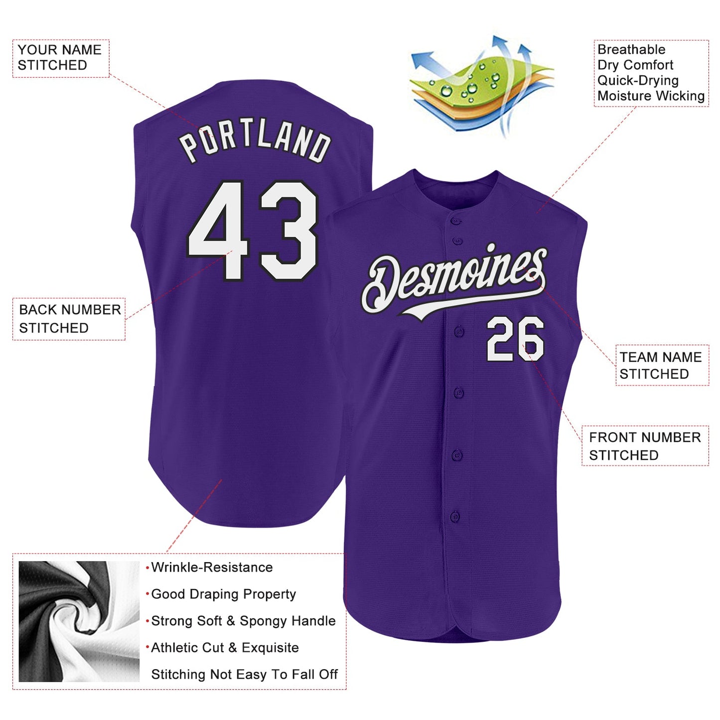 Custom Purple White-Black Authentic Sleeveless Baseball Jersey view 2
