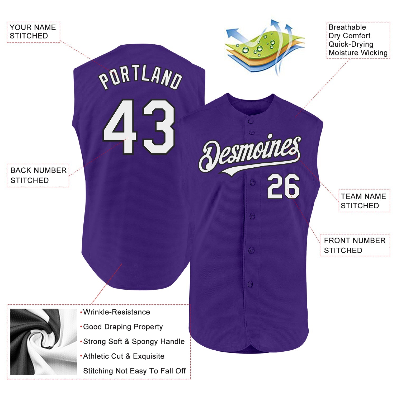 Custom Purple White-Black Authentic Sleeveless Baseball Jersey view 2