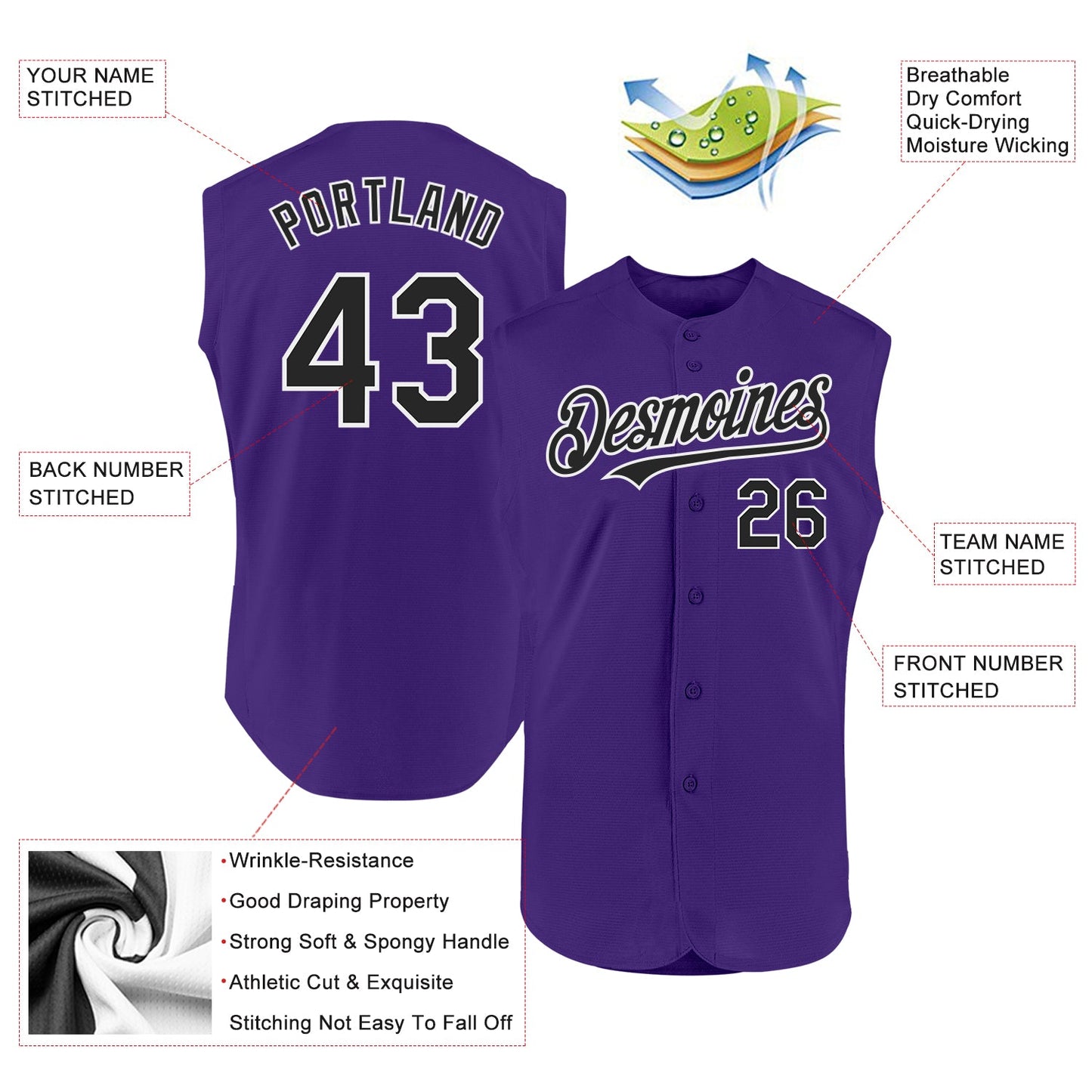 Custom Purple Black-White Authentic Sleeveless Baseball Jersey view 2