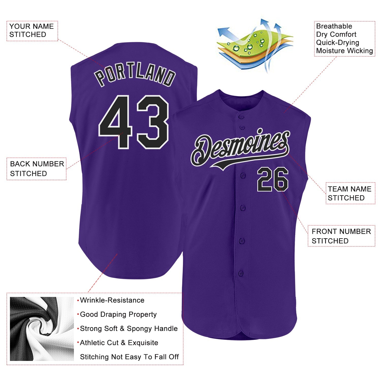Custom Purple Black-White Authentic Sleeveless Baseball Jersey view 2