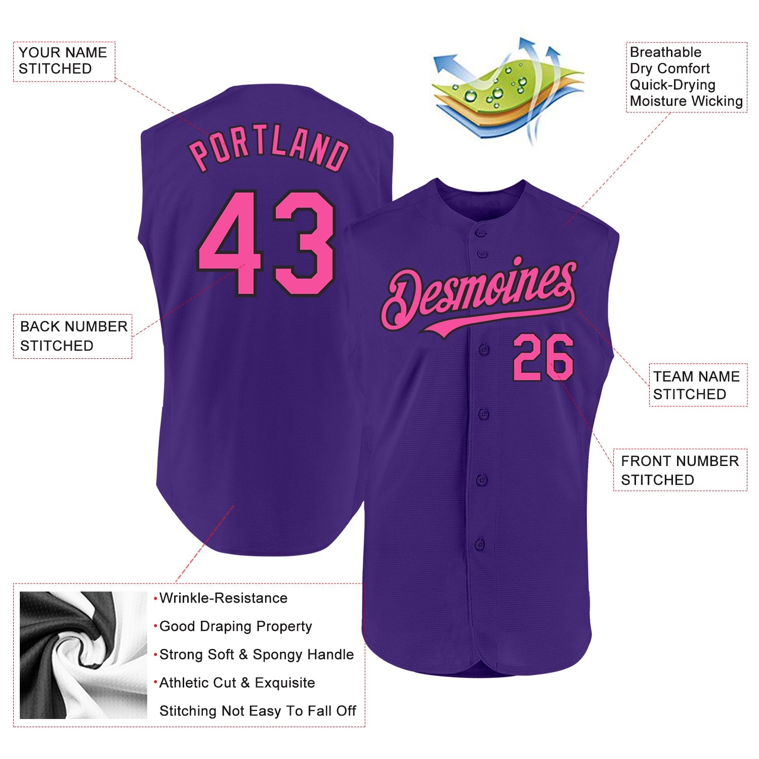 Custom Purple Pink-Black Authentic Sleeveless Baseball Jersey view 2