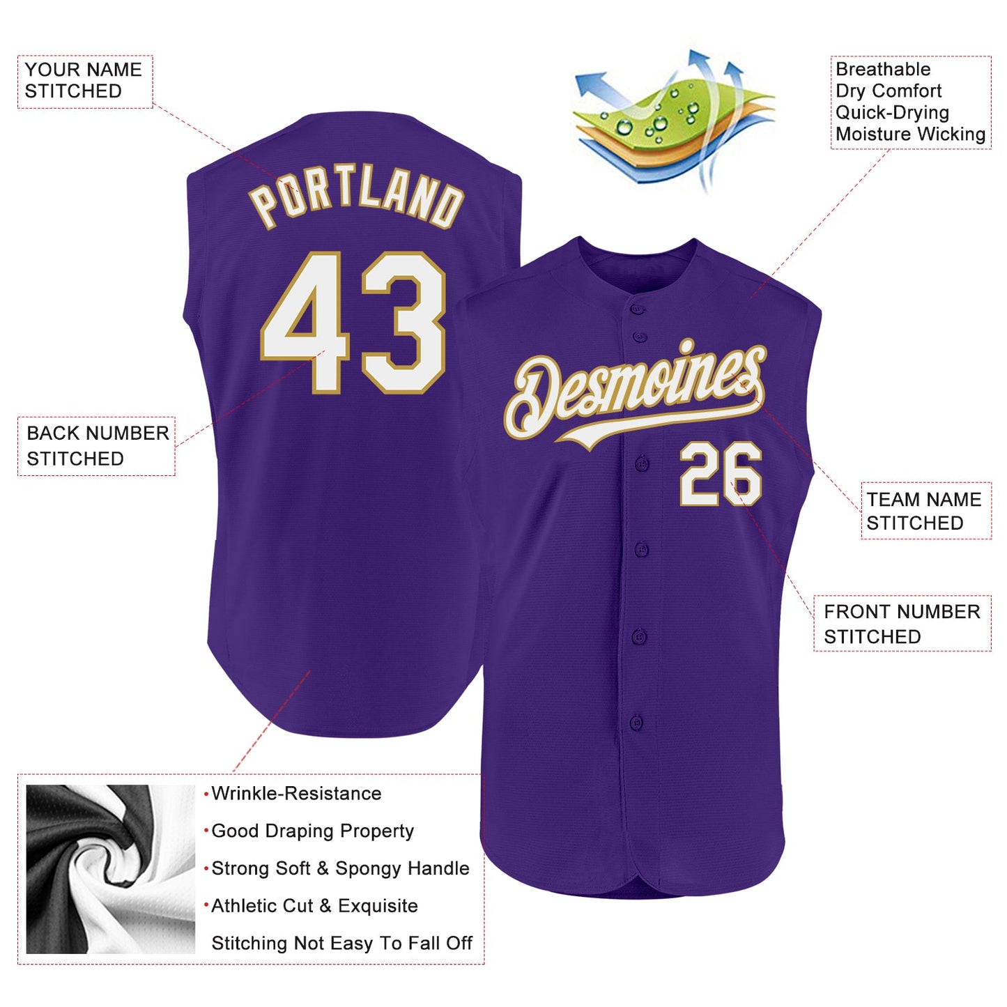 Custom Purple White-Old Gold Authentic Sleeveless Baseball Jersey view 2