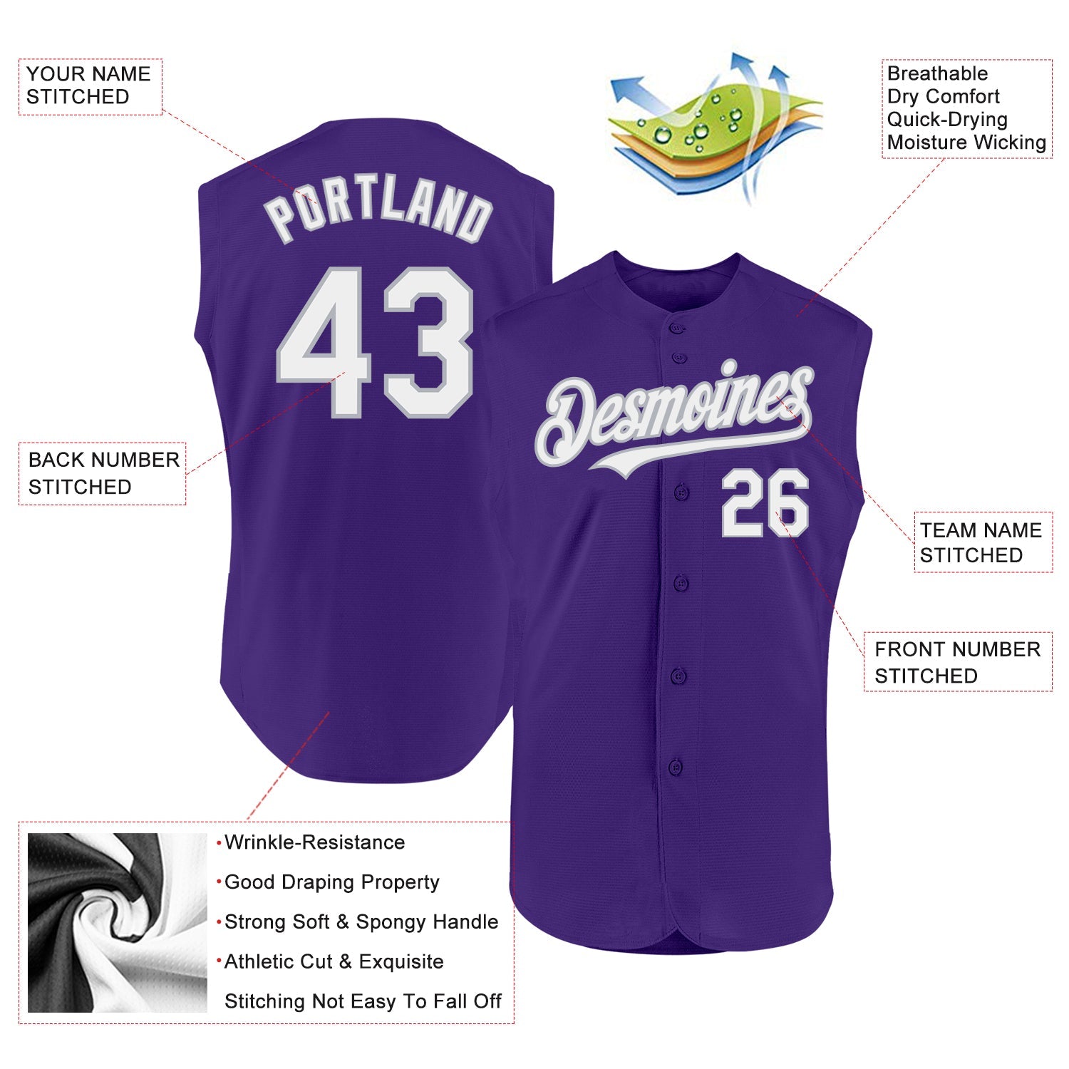 Custom Purple White-Gray Authentic Sleeveless Baseball Jersey view 2