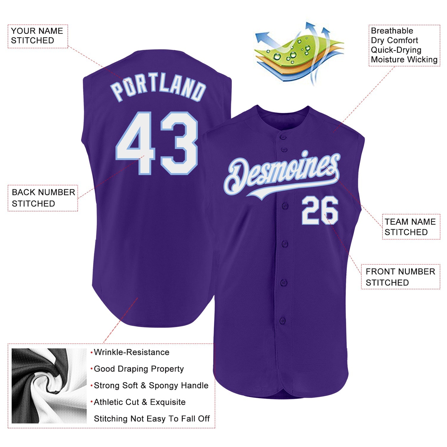 Custom Purple White-Light Blue Authentic Sleeveless Baseball Jersey view 2