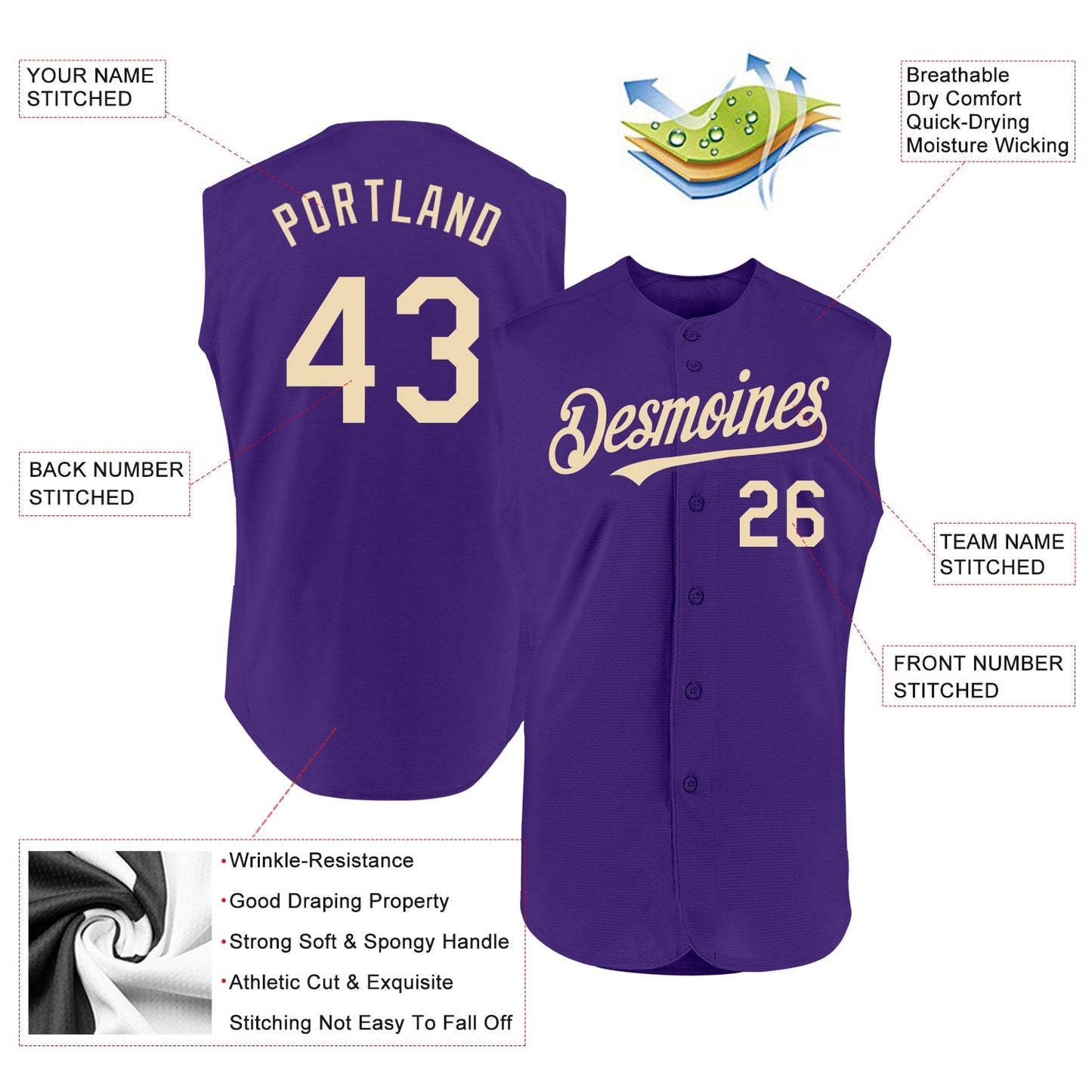 Custom Purple Cream Authentic Sleeveless Baseball Jersey view 2