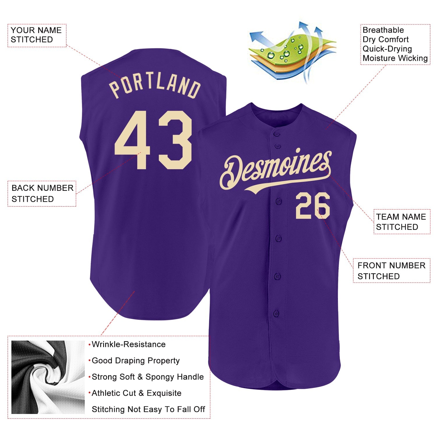 Custom Purple Cream Authentic Sleeveless Baseball Jersey view 2