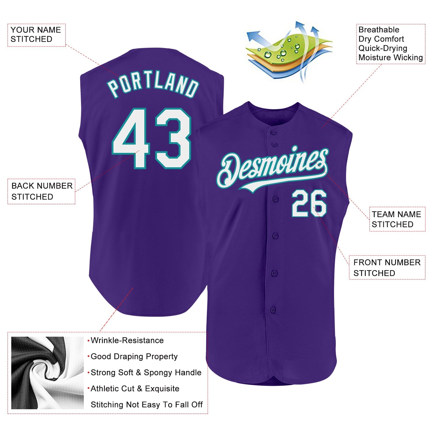Custom Purple White-Teal Authentic Sleeveless Baseball Jersey view 2