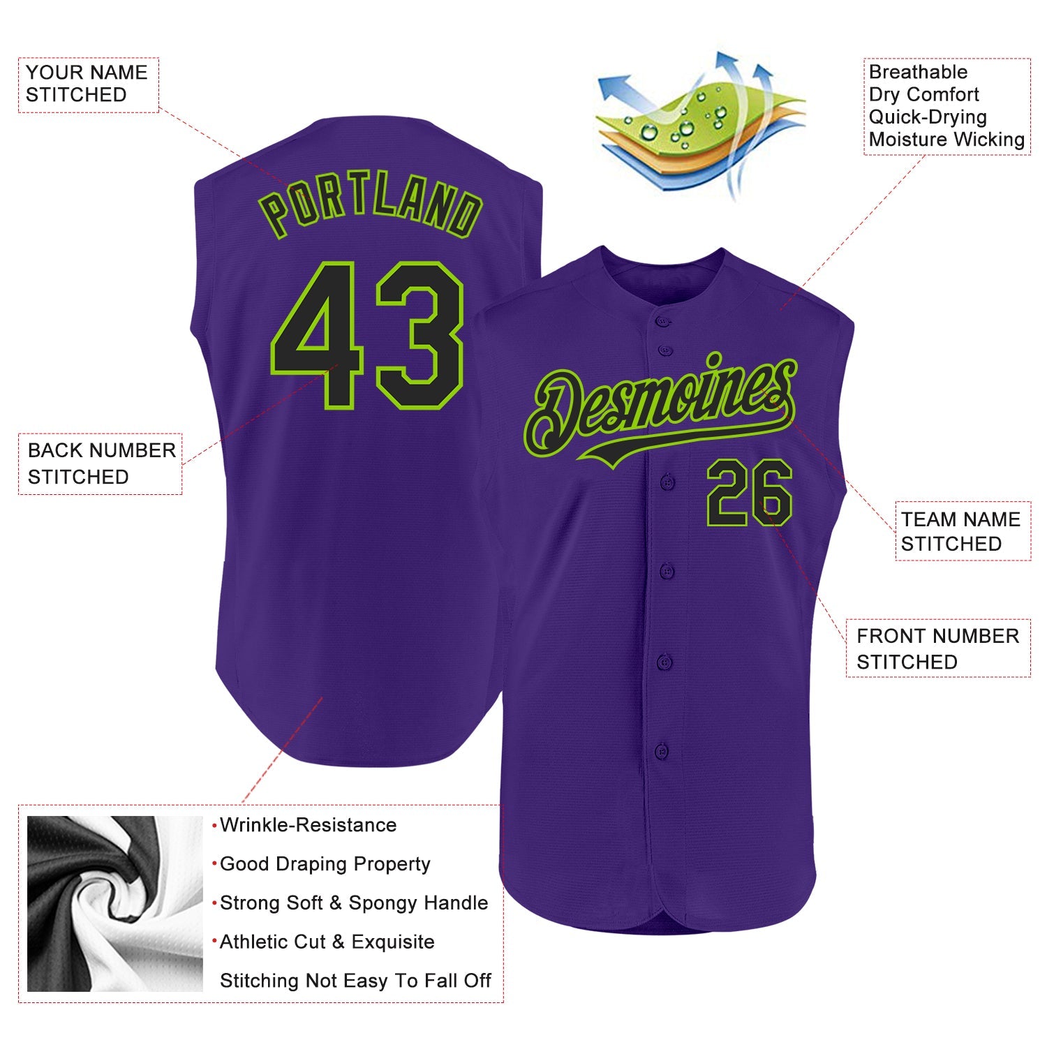 Custom Purple Black-Neon Green Authentic Sleeveless Baseball Jersey view 2