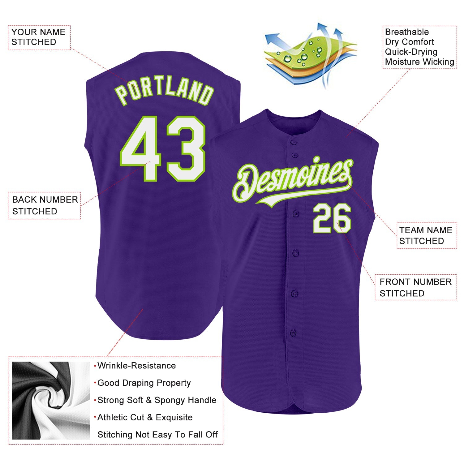 Custom Purple White-Neon Green Authentic Sleeveless Baseball Jersey view 2