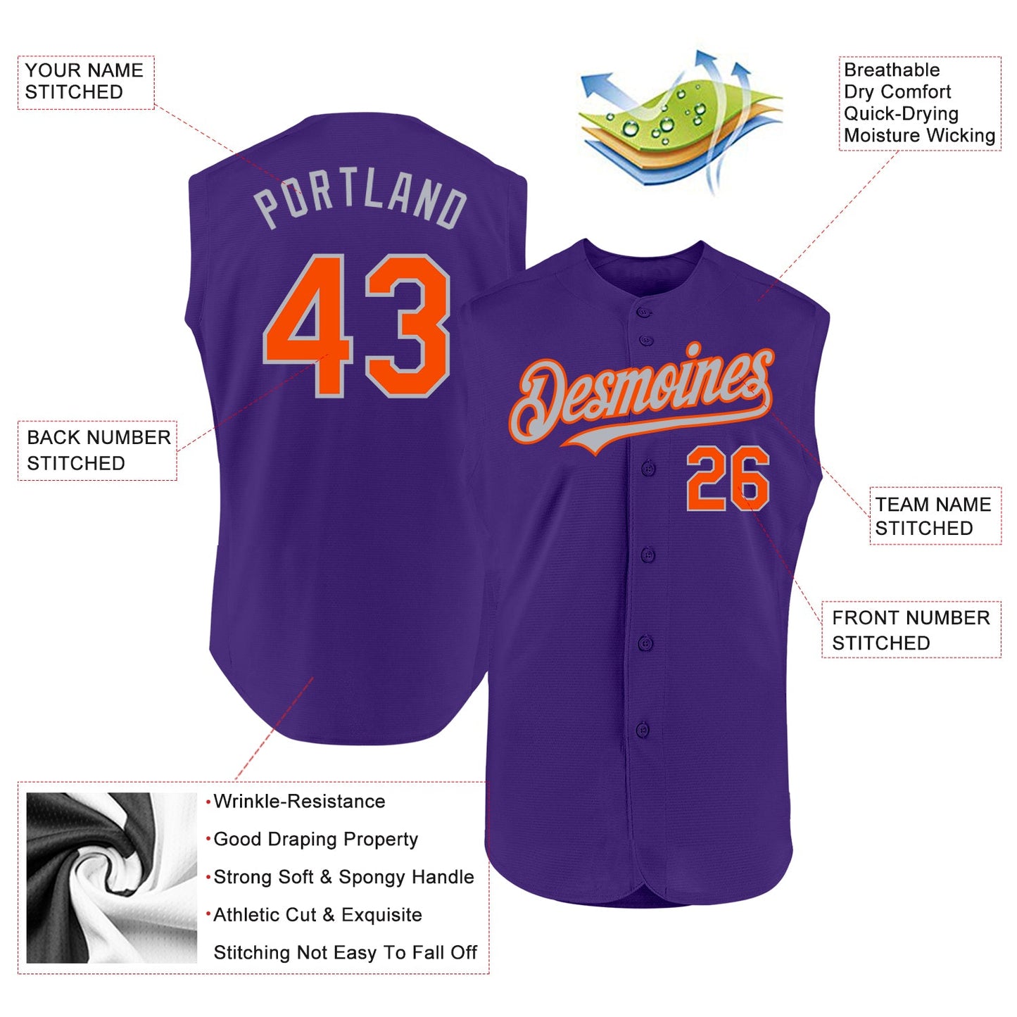 Custom Purple Orange-Gray Authentic Sleeveless Baseball Jersey view 2