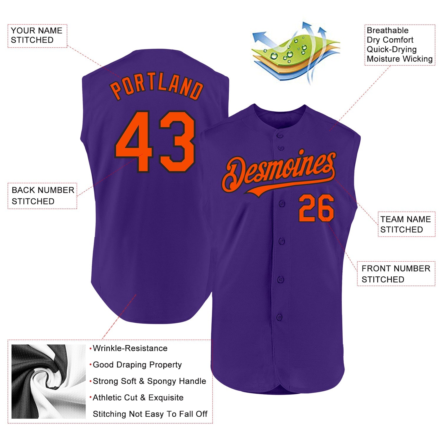 Custom Purple Orange-Black Authentic Sleeveless Baseball Jersey view 2