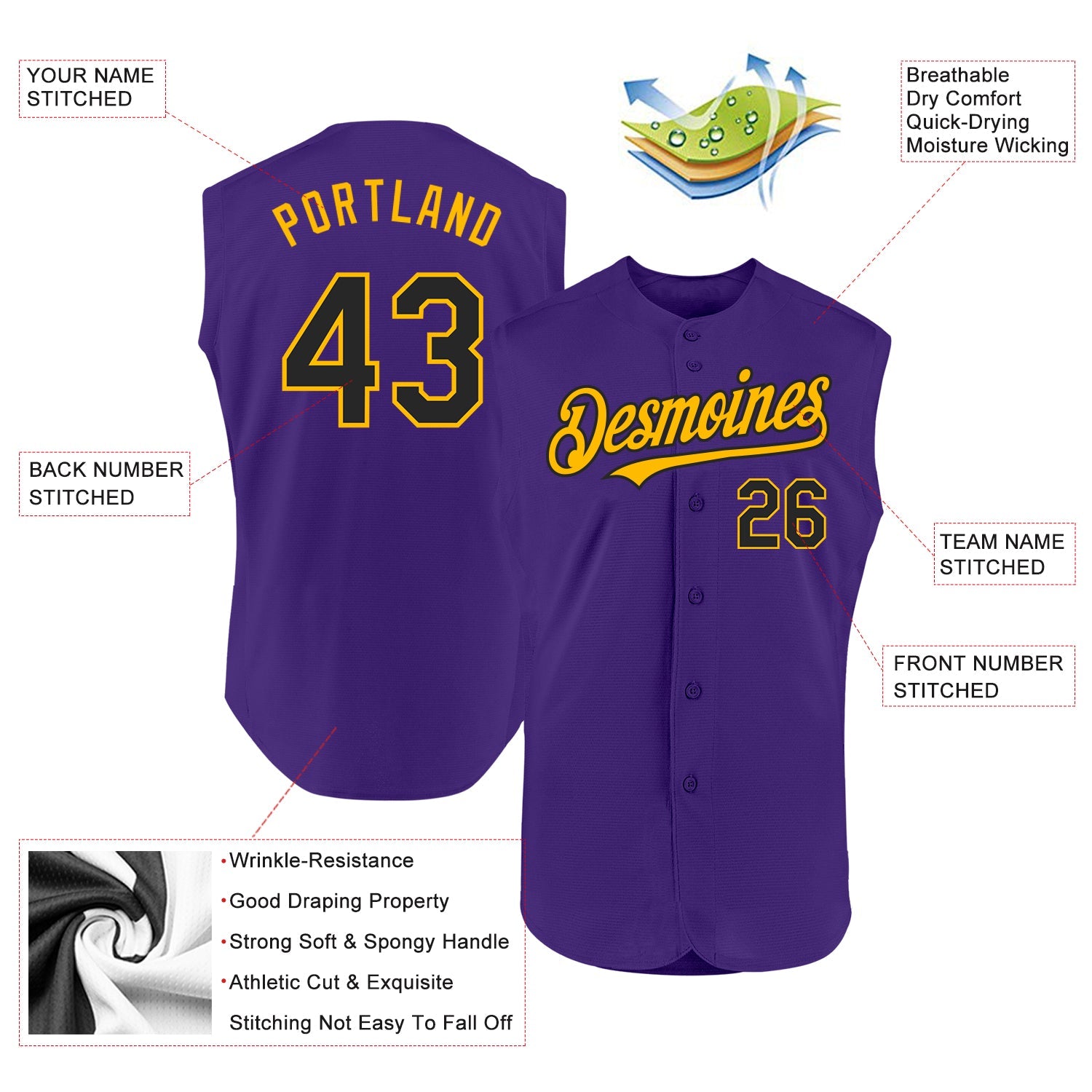 Custom Purple Black-Gold Authentic Sleeveless Baseball Jersey view 2