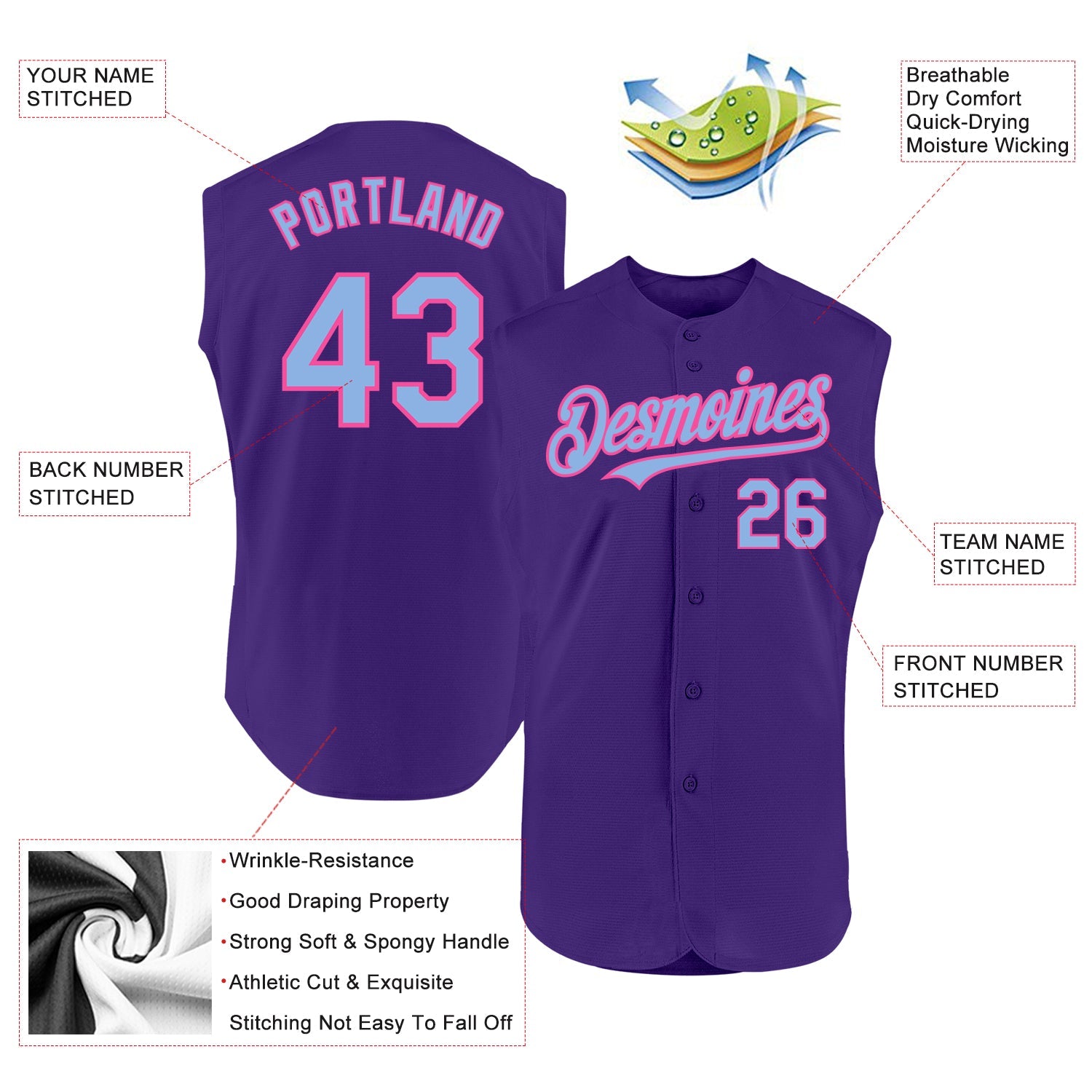 Custom Purple Light Blue-Pink Authentic Sleeveless Baseball Jersey view 2