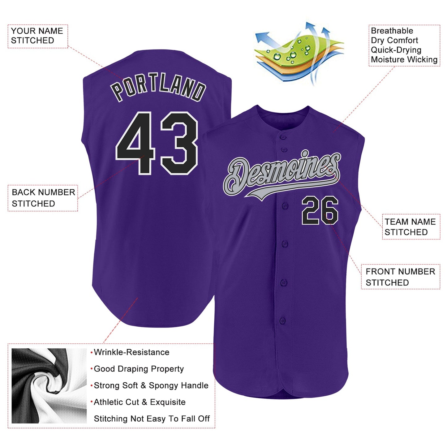 Custom Purple Black-Gray Authentic Sleeveless Baseball Jersey view 2