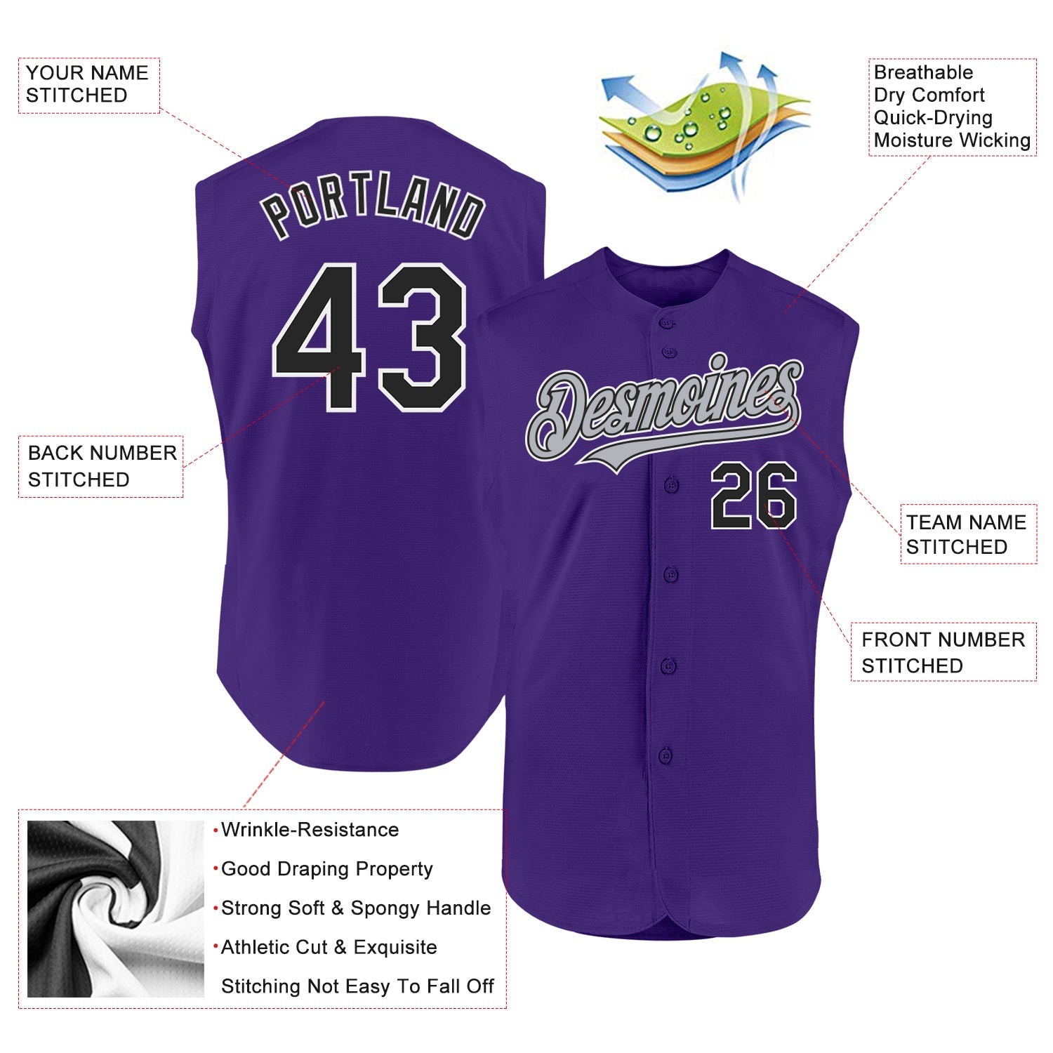 Custom Purple Black-Gray Authentic Sleeveless Baseball Jersey view 2