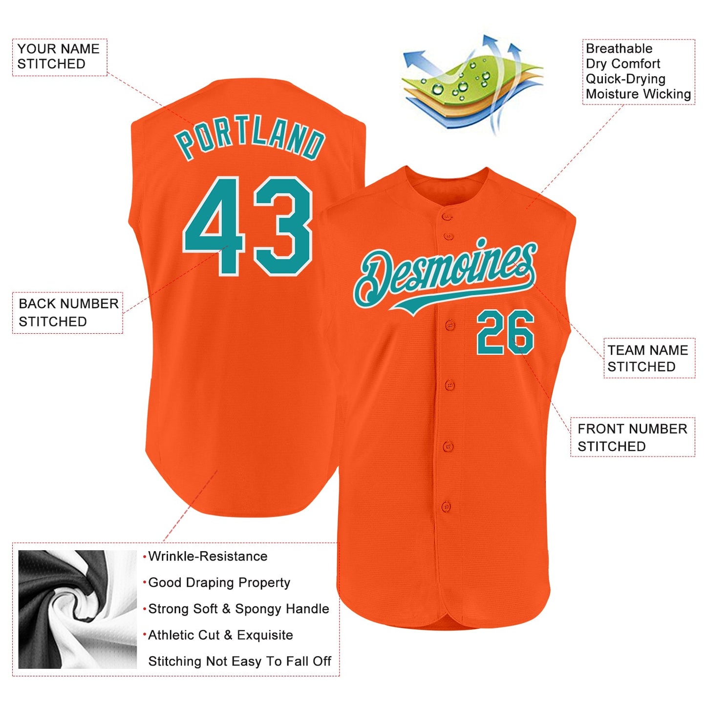 Custom Orange Teal-White Authentic Sleeveless Baseball Jersey view 2