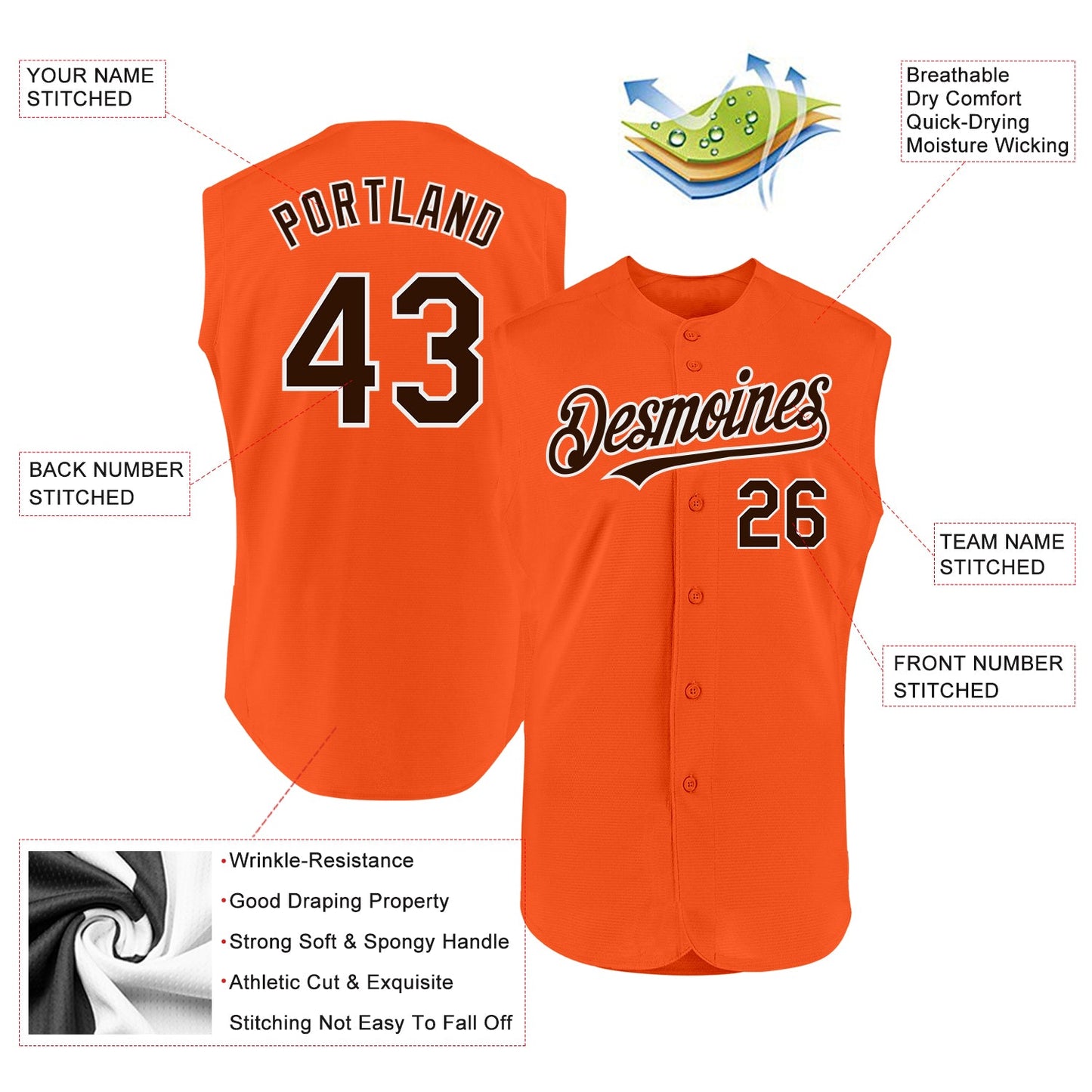 Custom Orange Brown-White Authentic Sleeveless Baseball Jersey view 2