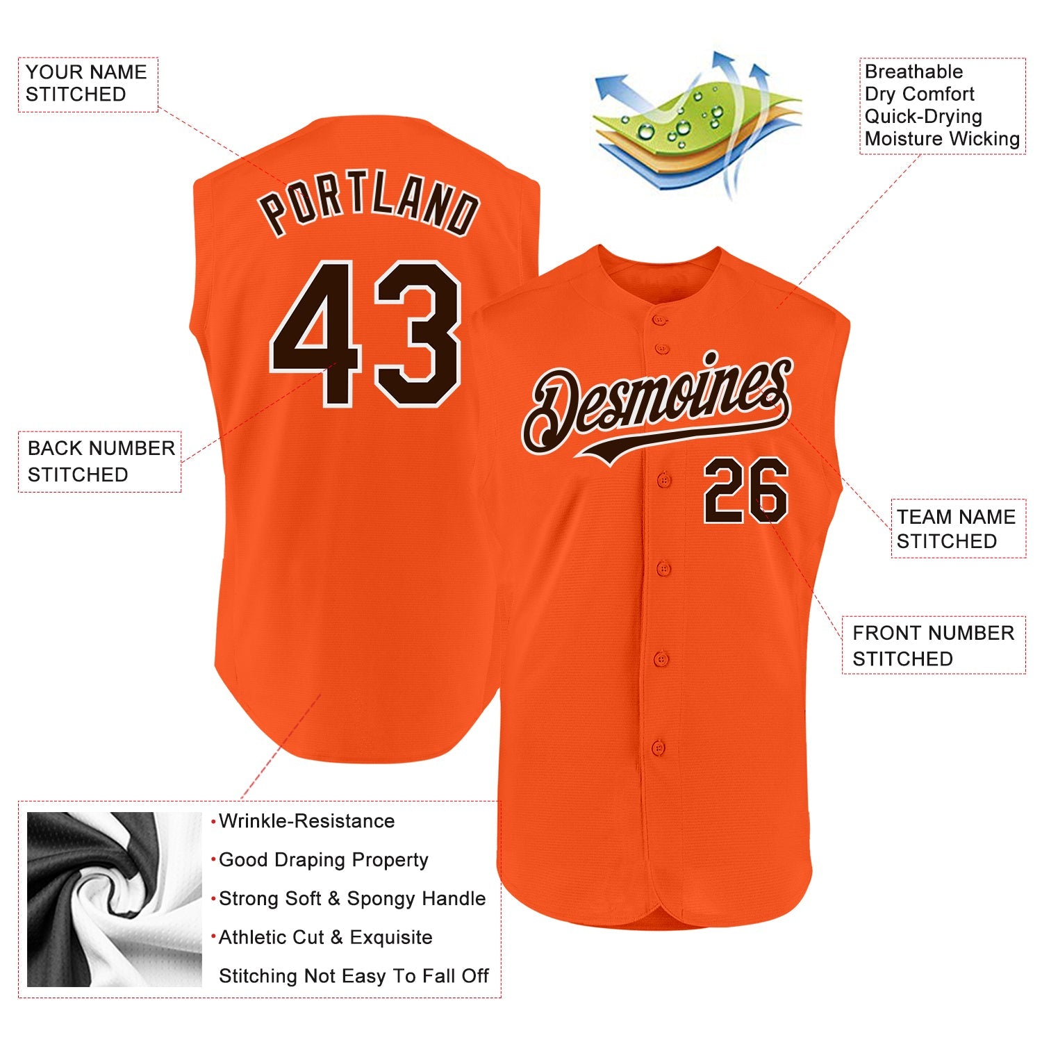 Custom Orange Brown-White Authentic Sleeveless Baseball Jersey view 2