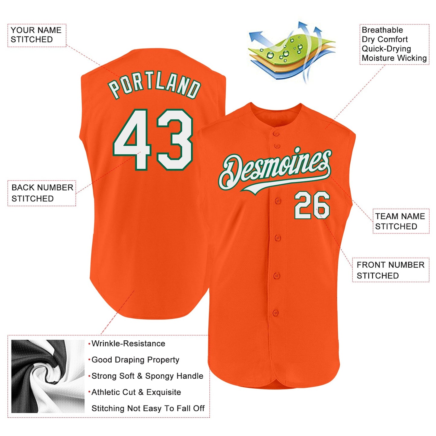 Custom Orange White-Kelly Green Authentic Sleeveless Baseball Jersey view 2