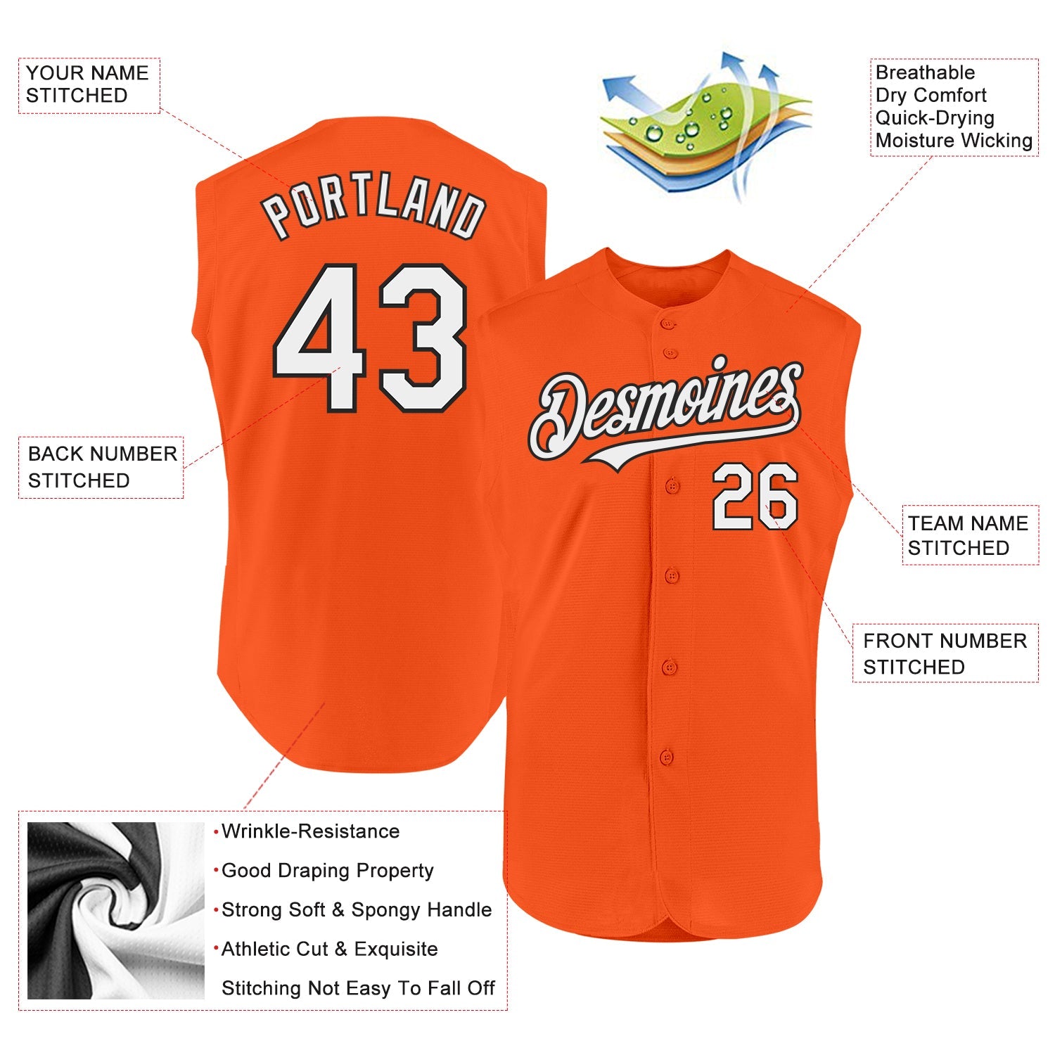 Custom Orange White-Black Authentic Sleeveless Baseball Jersey view 2