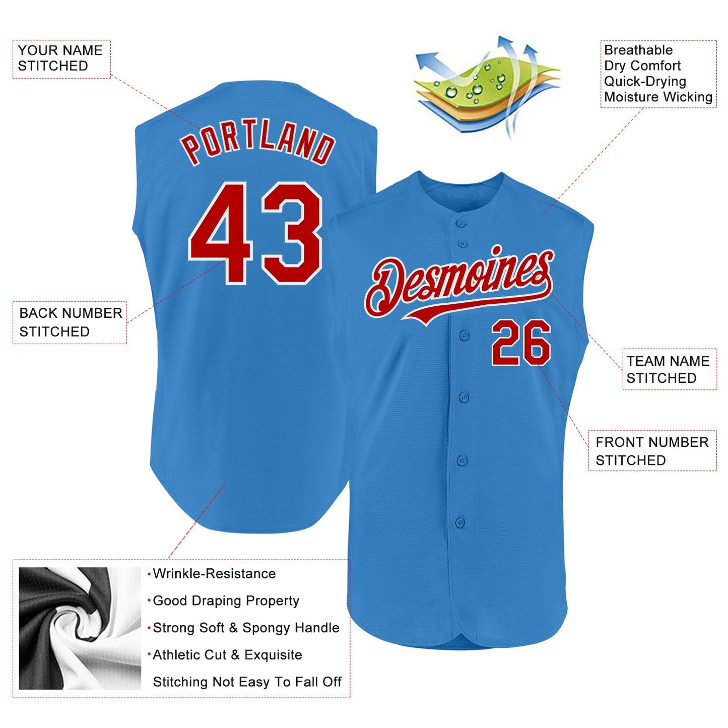 Custom Powder Blue Red-White Authentic Sleeveless Baseball Jersey view 2