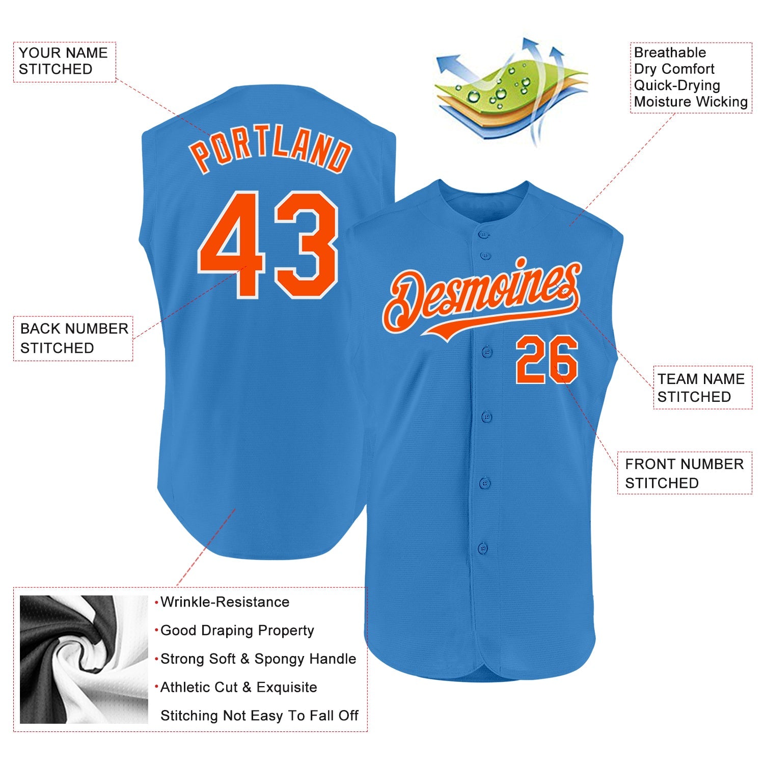 Custom Powder Blue Orange-White Authentic Sleeveless Baseball Jersey view 2