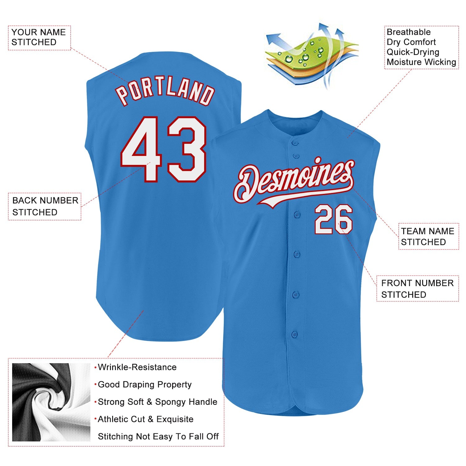 Custom Powder Blue White-Red Authentic Sleeveless Baseball Jersey view 2