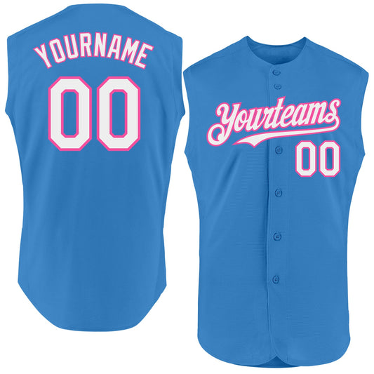 Custom Powder Blue White-Pink Authentic Sleeveless Baseball Jersey - Main View
