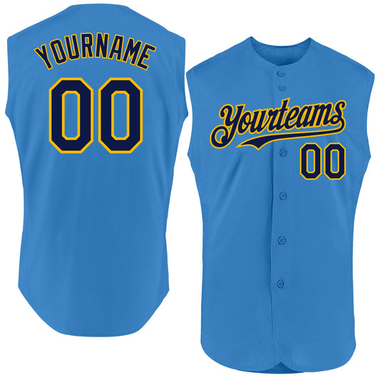 Custom Powder Blue Navy-Gold Authentic Sleeveless Baseball Jersey - Main View