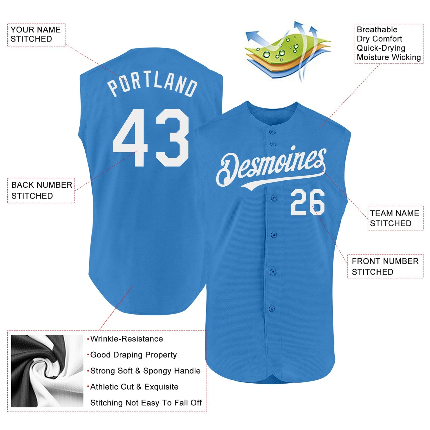 Custom Powder Blue White Authentic Sleeveless Baseball Jersey view 2