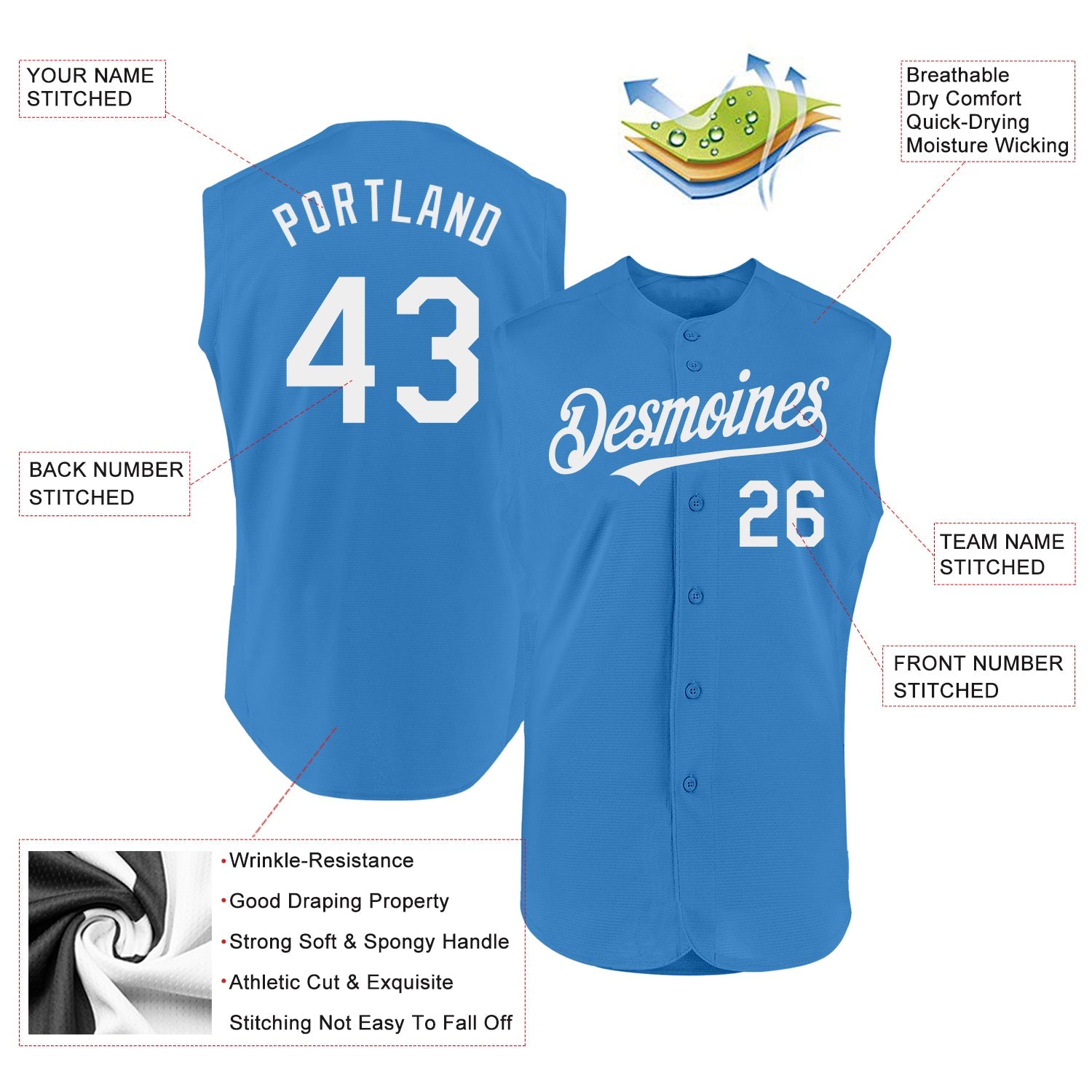 Custom Powder Blue White Authentic Sleeveless Baseball Jersey view 2