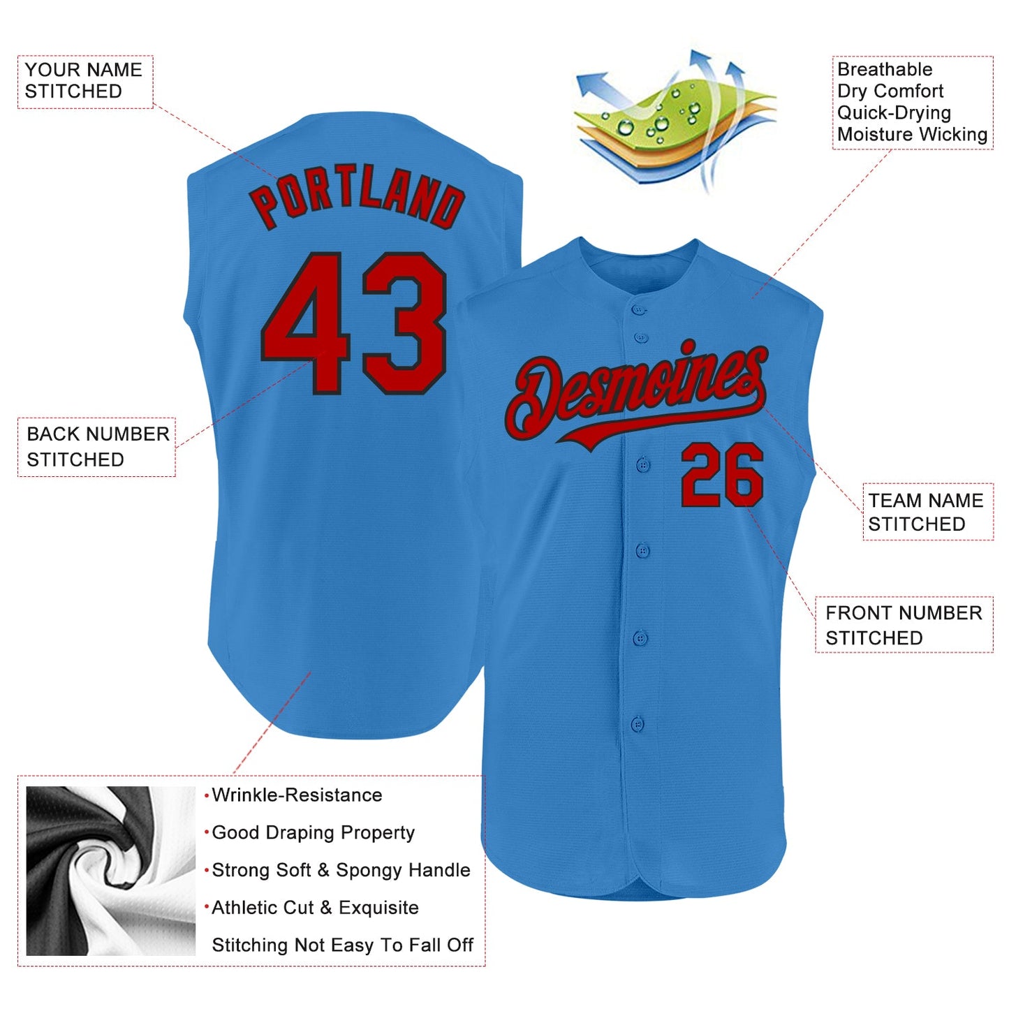 Custom Powder Blue Red-Black Authentic Sleeveless Baseball Jersey view 2