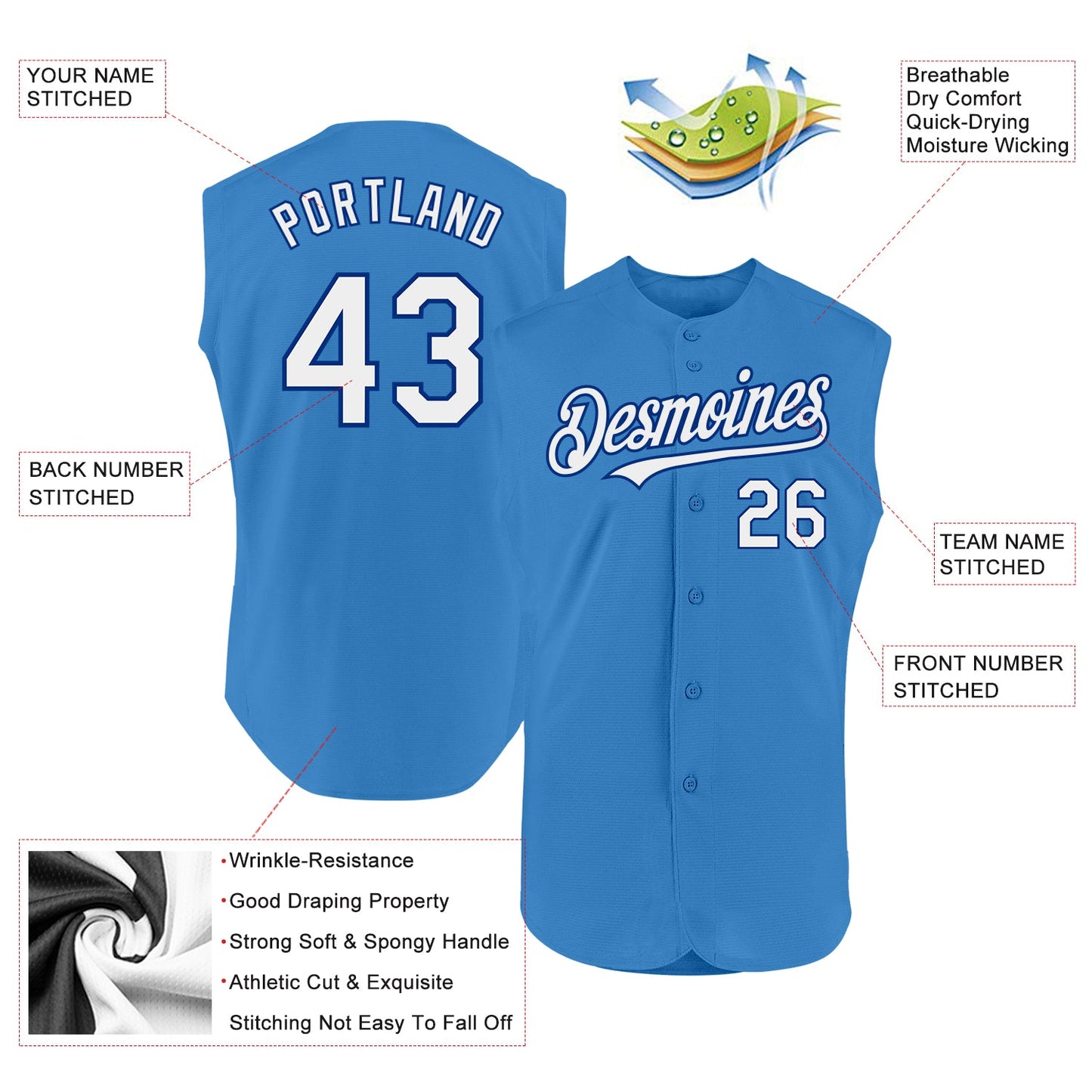 Custom Powder Blue White-Royal Authentic Sleeveless Baseball Jersey view 2