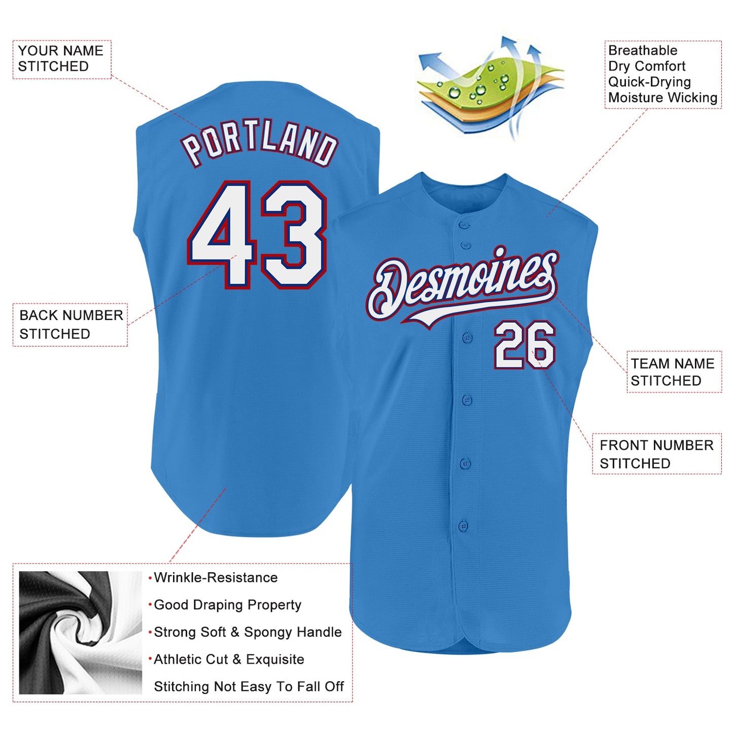 Custom Powder Blue Royal-Red Authentic Sleeveless Baseball Jersey view 2