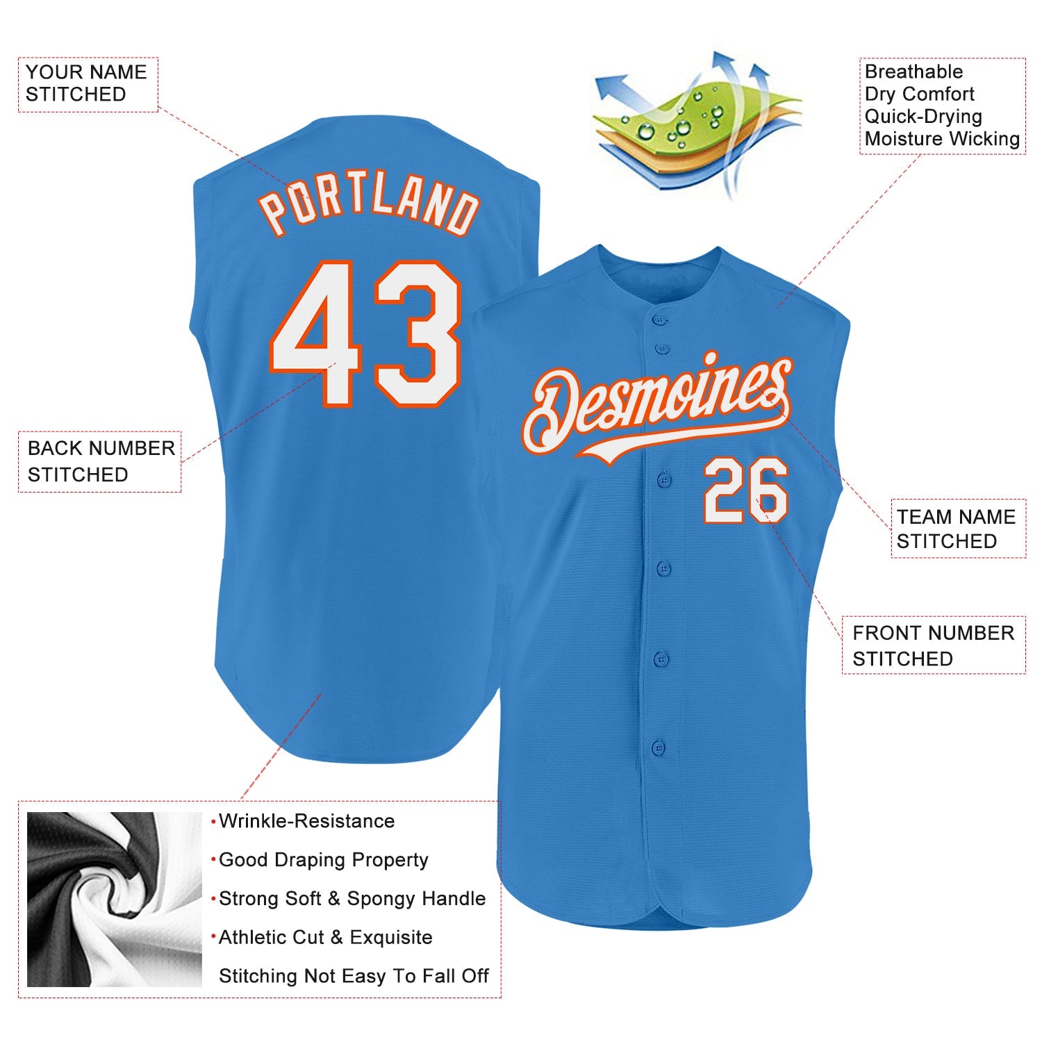 Custom Powder Blue White-Orange Authentic Sleeveless Baseball Jersey view 2