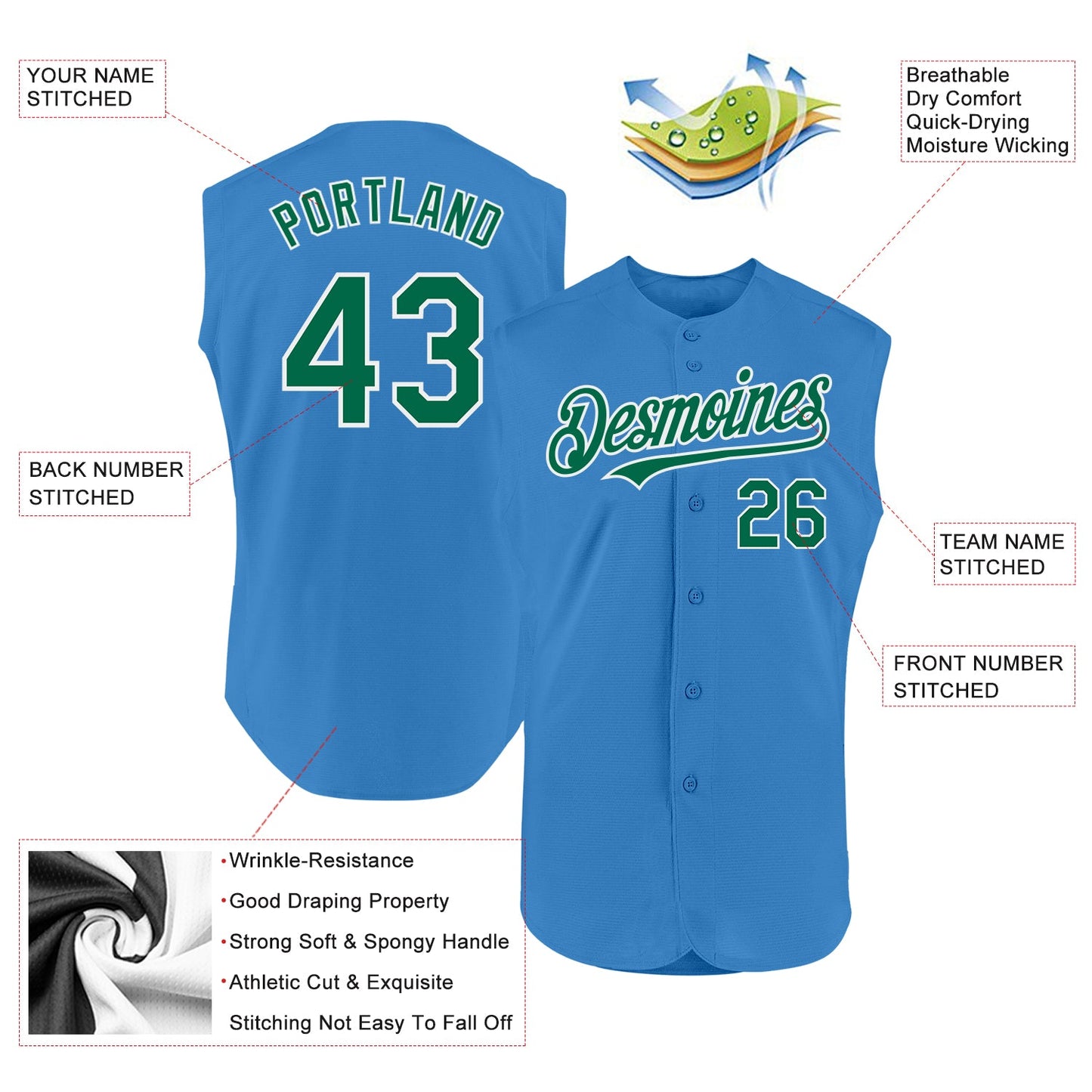 Custom Powder Blue Kelly Green-White Authentic Sleeveless Baseball Jersey view 2
