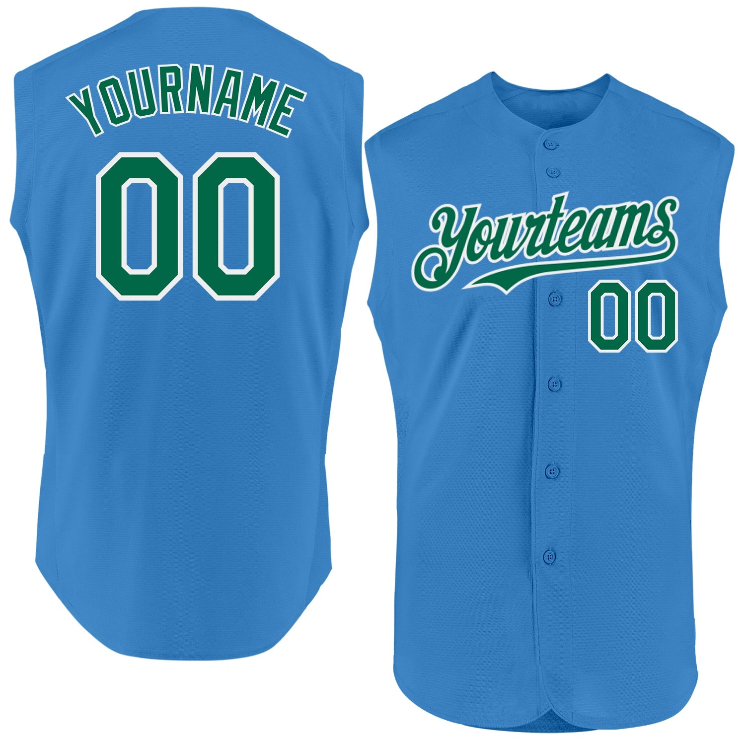 Custom Powder Blue Kelly Green-White Authentic Sleeveless Baseball Jersey - Main View