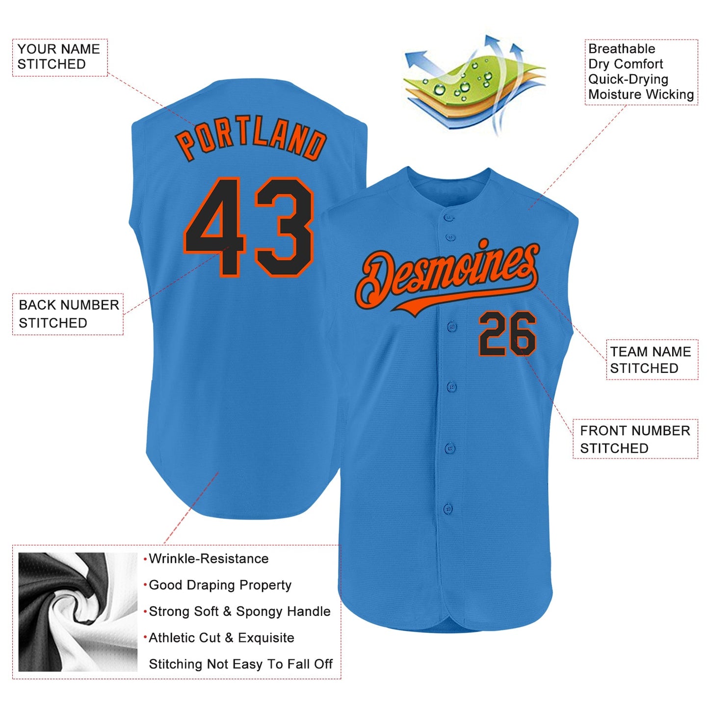 Custom Powder Blue Black-Orange Authentic Sleeveless Baseball Jersey view 2