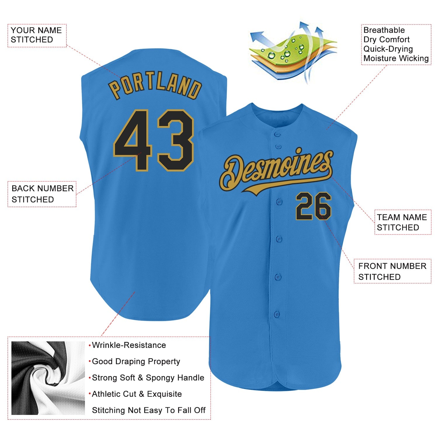 Custom Powder Blue Black-Old Gold Authentic Sleeveless Baseball Jersey view 2